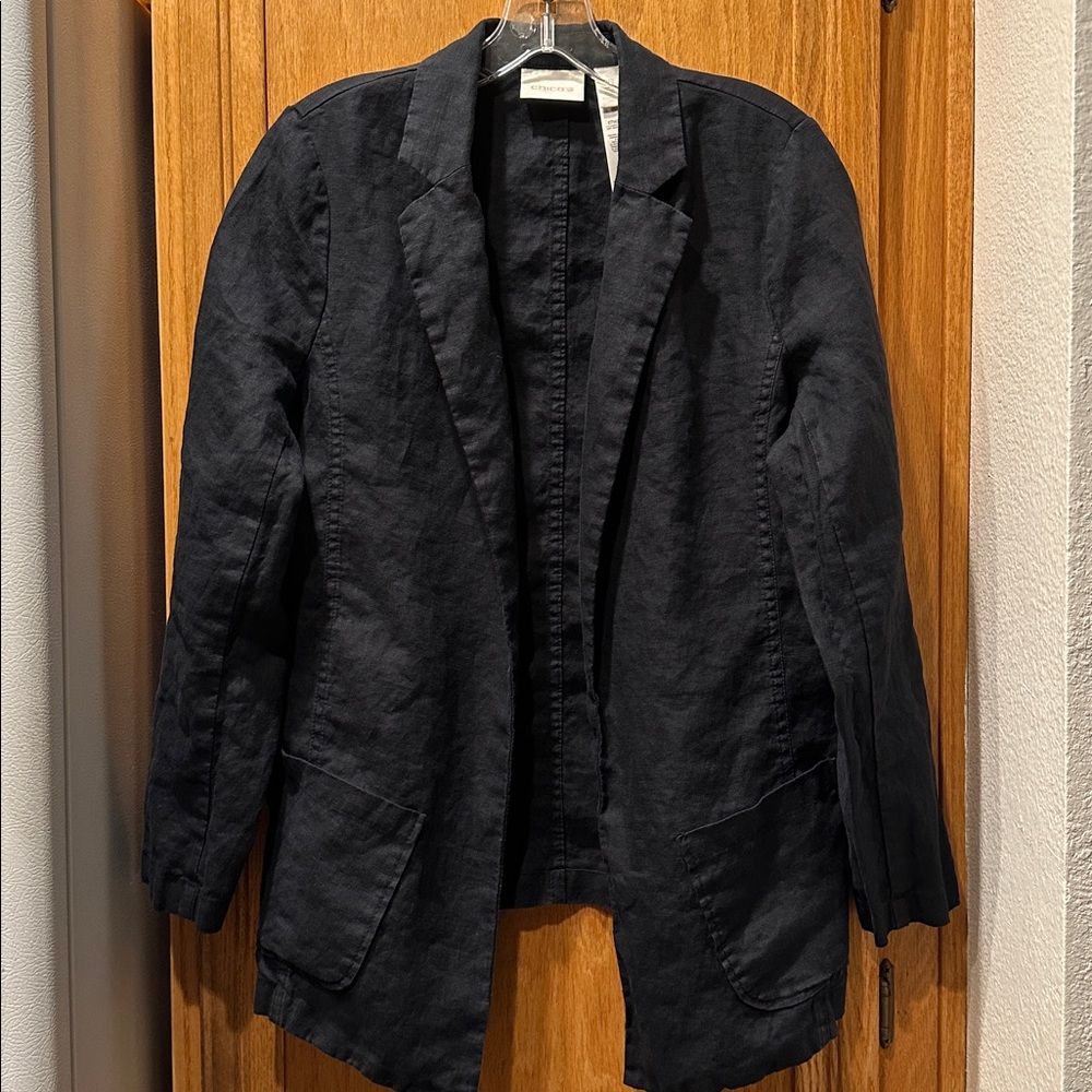 Chico's 100% Linen Open Front Summer Blazer in Black Chico Size 0 (Women's S) - Picture 2 of 8